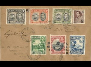 Grenada 1939, 7 versch. Marken auf Einschreiben Brief n. Bermuda. Ankunftstempel