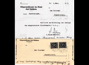 DR 1923, Paar 50 Mk. auf Bad Dürkheim Amts Brief m. Bürgermeister Unterschrift 