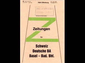BRD 1986, Offenburg, Briefbundzettel f. Zeitungen n. Basel Bad. Bahnhof, Schweiz