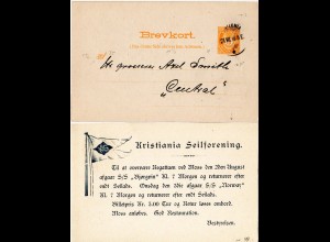 Norwegen 1898, gebr. 3 öre Ganzsache m. rücks. Zudruck Christiania Segel Klub