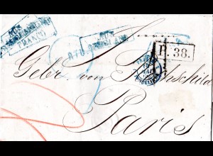 Russland 1866, Porto Brief v. Odessa n. Frankreich m. diversen Transit Stempeln