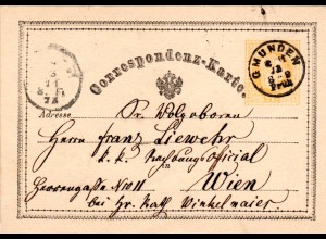 Österreich 1873, kl. K1 GMUNDEN klar auf 2 Kr. Ganzsache