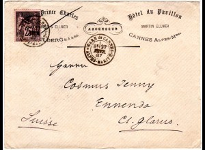 Frankreich 1887, 25 C. auf Hotel Umschlag v. Cannes i.d. Schweiz