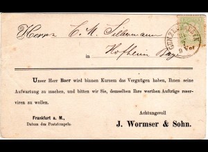 Bayern, 1 Kr. auf Avis Karte m. K1 GUNZENHAUSEN n. Hofheim
