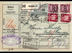 DR 1926, 2x30+2x100 Pf. auf Paketkarte v. Nürnberg n. Norwegen