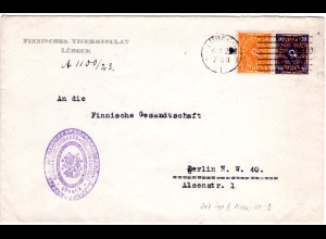 DR 1923, 5+20 Mk. auf Finnland Konsulats Brief v. Lübeck n. Berlin