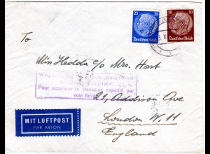 DR 1938, 10+25 Pf. auf Ostmark Luftpost/Bahnpost Brief m. Wien Telegraphen Stpl.