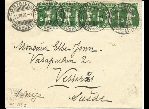 Schweiz 1909, MeF 5x5 C. (Mi. 113 I) auf kl. Brief v. CORTAILLOD n. Schweden