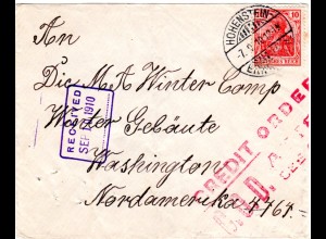 DR 1910, EF 10 Pf. auf Brief v. Hohenstein-Ernsttahl n. USA. Schnellster Weg.