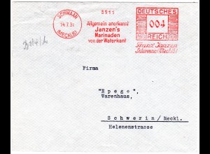 DR 1931, 4 Pf. Maschinen Werbe Freistempel auf Brief v. Schwaan n. Schwerin