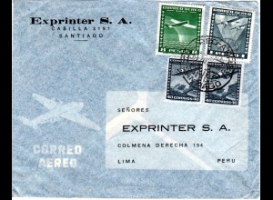 Chile 1954, 8+1 P.+ 2x40 C. auf Luftpost Brief v. Santiago n. Peru