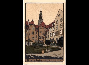 Bielefeld, Rathaushof, ungebr. Steindruck Künstler Farb-AK