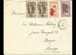 Madagaskar 1938, 4 Marken auf Luftpost Brief v. Tamatave n. Norwegen