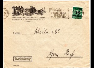 DR 1923, 15 T./40 Mk. m. perfin Firmenlochung auf Brief v. Berlin