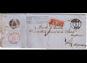 Preussen 1856, K2 COELN u. roter R1 PR.1R. auf Porto Brief n. Belgien