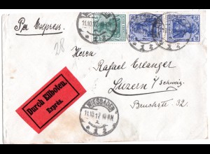 DR 1917, 5+2x20 Pf. auf Eilboten Brief v. Wiesbaden i.d. Schweiz