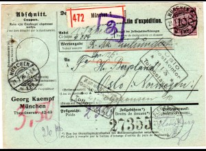 DR 1926, 3x100+50 Pf. vorder- u. rs. auf Wert Paketkarte v. München n. Norwegen