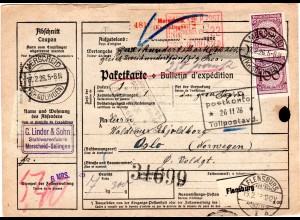 DR 1926, 5x100+2x20 Pf. vs.+rs. auf Wert Paketkarte v. MERSCHEID n. Norwegen