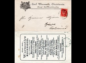 Norwegen 1891, 10 öre auf Reklame Brief C. Warmuth Musik Handel, Christiania
