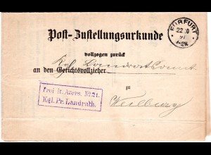 DR 1897, K1 FÜRFURT (Weinbach) auf Post Zustell Urkunde. Frei lt. Avers Landrat