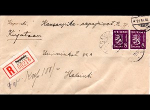 Finnland 1946, Paar 8 Mk auf Brief m. provisorischem Reko Zettel Sävia/Parantala