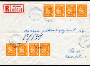 Finnland 1950, 8x5 Mk auf Brief v. Kangaslampi m. Aushilfs R-Zettel Viijolahti