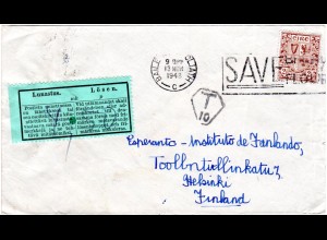 Irland 1948, 2 1/2 P. auf Brief m. T Stpl. u. Finnland Lösen 4,50 Mk. Etikett