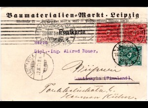 DR 1922, 4+Paar 10 Mk. auf Firmen Karte v. Leipzig n. Finnland. Nachsendung