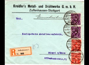 DR 1922, 4 Marken auf Firmen Reko Brief v. Zuffenhausen - Stuttgart