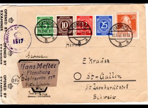 1947, 5+10+12+25+24 Pf. auf Zensur Brief v. Flensburg i.d. Schweiz