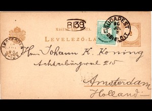 Ungarn 1890, 3 K. Zusatzfr. auf 2 K. Ganzsache v. Budapest n. NL