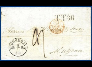 Dänemark Frankreich 1863, Porto Brief v. Kopenhagen m. Transitstpl. "TT36". #53