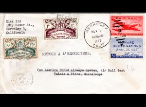 Guadeloupe 1946, 1+15 Fr. Nachsende Frankatur auf US Brief v. Berkely m. 2x5 C. 