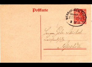 DR 1918, Bahnpost Stpl. WERDAU-MEHLTHEUER klar auf 10 Pf. Ganzsache