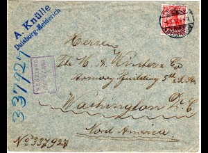 DR 1910, EF 10 Pf. auf Brief v. Duisburg n. USA. Sogenanannter Schnellster Weg