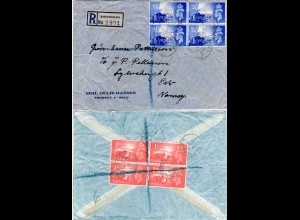 GB 1948, 1+2 1/2d Befr. Kanalinseln je im 4er-Block vs/rs auf Einschreiben Brief