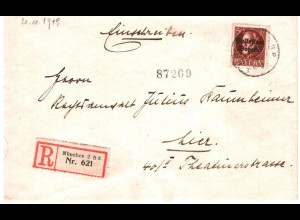 Bayern 1919, portorichtige EF 50 Pf. auf Orts Einschreiben Brief München #2472