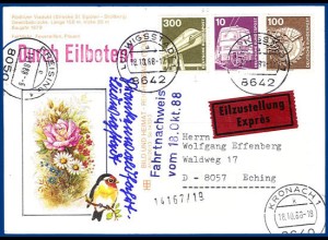 BRD 1988, Postbetrug, Eilboten Karte v Ludwigsstadt m wiederverwendter Marke.#54