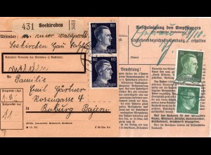 DR 1942, Paar 80 + rs. 5+30 Pf. auf Paketkarte v. SEEKIRCHEN Österreich