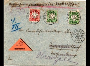 Bayern 1910, 2x5+10 Pf. auf Nachnahme Brief m. schönen OBERNZELL Stempeln