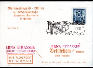 Österreich 1960, 2 S auf Weihnachten Karte v. CHRISTKINDL n. Bethlehem Jordanien