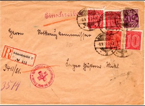 DR 1921, Rotes Kreuz Dienst Einschreiben Brief v. Schneidemühl m. 5 Dienstmarken