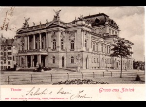 Schweiz, Gruss aus Zürich m. Theater, 1901 gebr. Farb-AK 
