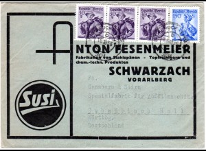 Österreich 1956, 4 Marken auf Susi Reklame Umschlag v. Schwarzach Vorarlberg