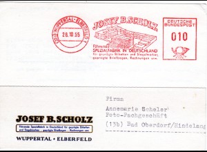 BRD 1955, attraktiver Firmen Werbestpl. Scholz auf Karte v. Wuppertal Elberfeld