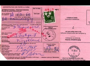 BRD 1968, STUTTGART PSCHA rücks. auf Internationaler Postanweisung v. Schweden