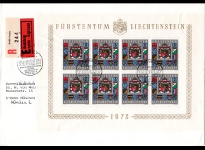 Liechtenstein 590, 8x5 Fr., kpl. Kleinbogen auf Einschreiben Eilboten Brief 