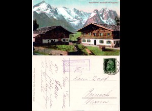 Bayern 1917, Posthilfstelle Vordergraseck Taxe Partenkirchen auf AK m. 5 Pf.