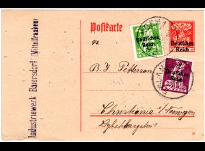 DR 1920, 5+20 Pf. Zusatz auf 15 Pf. Ganzsache v. Erlangen n. Norwegen