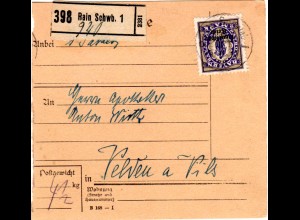 DR 1920, EF 2 Mk. DR Bayern Abschied auf Paketkarte v. Rain Schwb.1